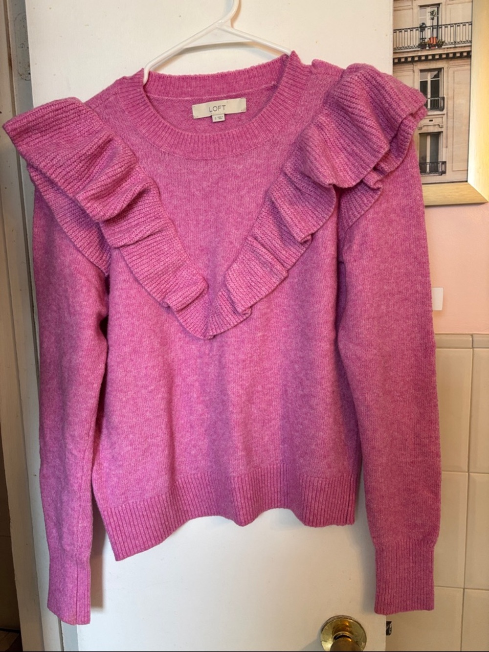 LOFT Pink Ruffle V-Yoke Crewneck Sweater